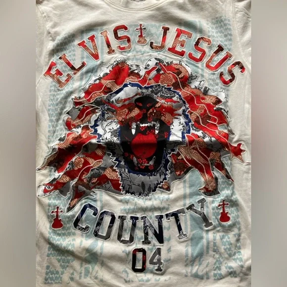 Vintage Elvis Jesus Country 04 Rare Iron Lion Zion Mens Medium Ivory Tshirt - Picture 2 of 14